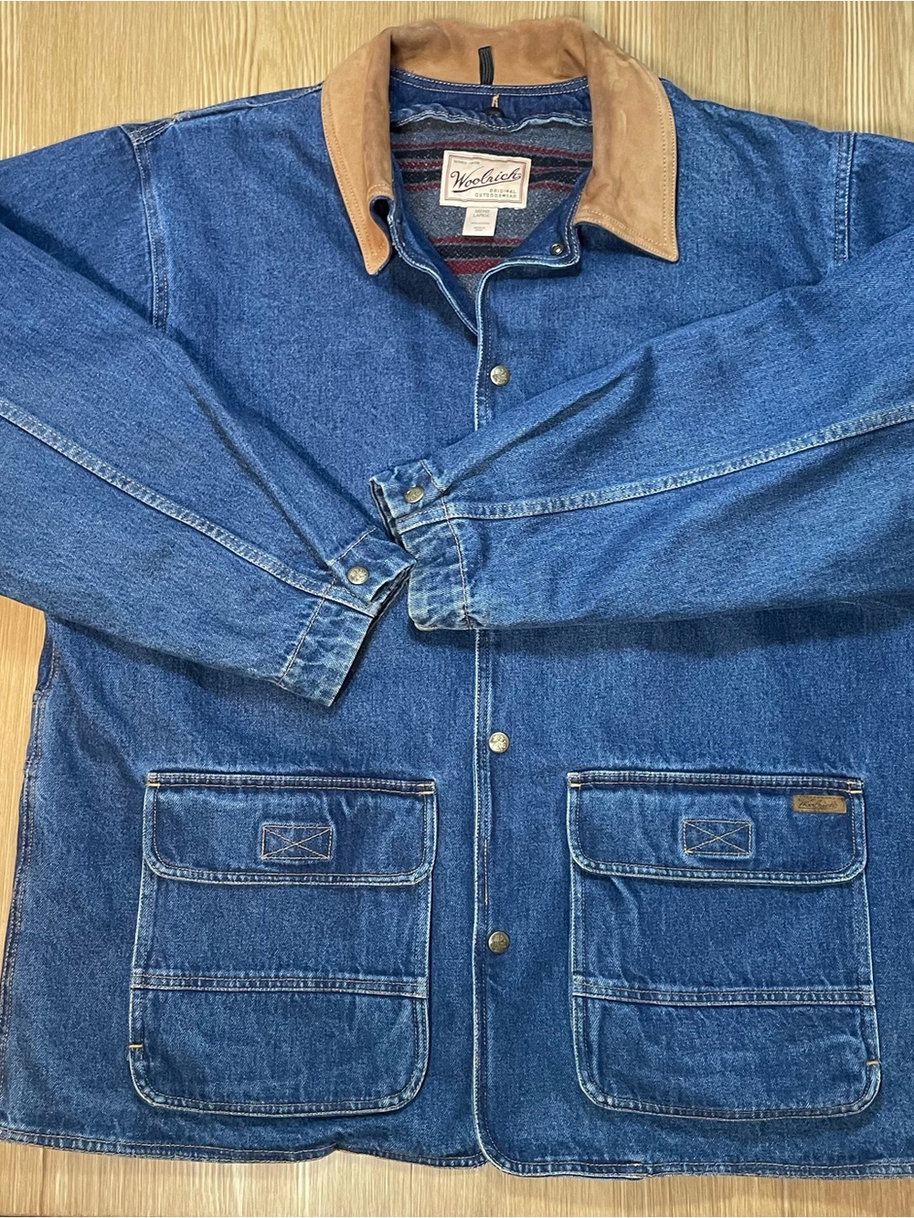 Vintage Woolrich Men's L Blanket Lined Denim Chore Coat Suede Collar Native